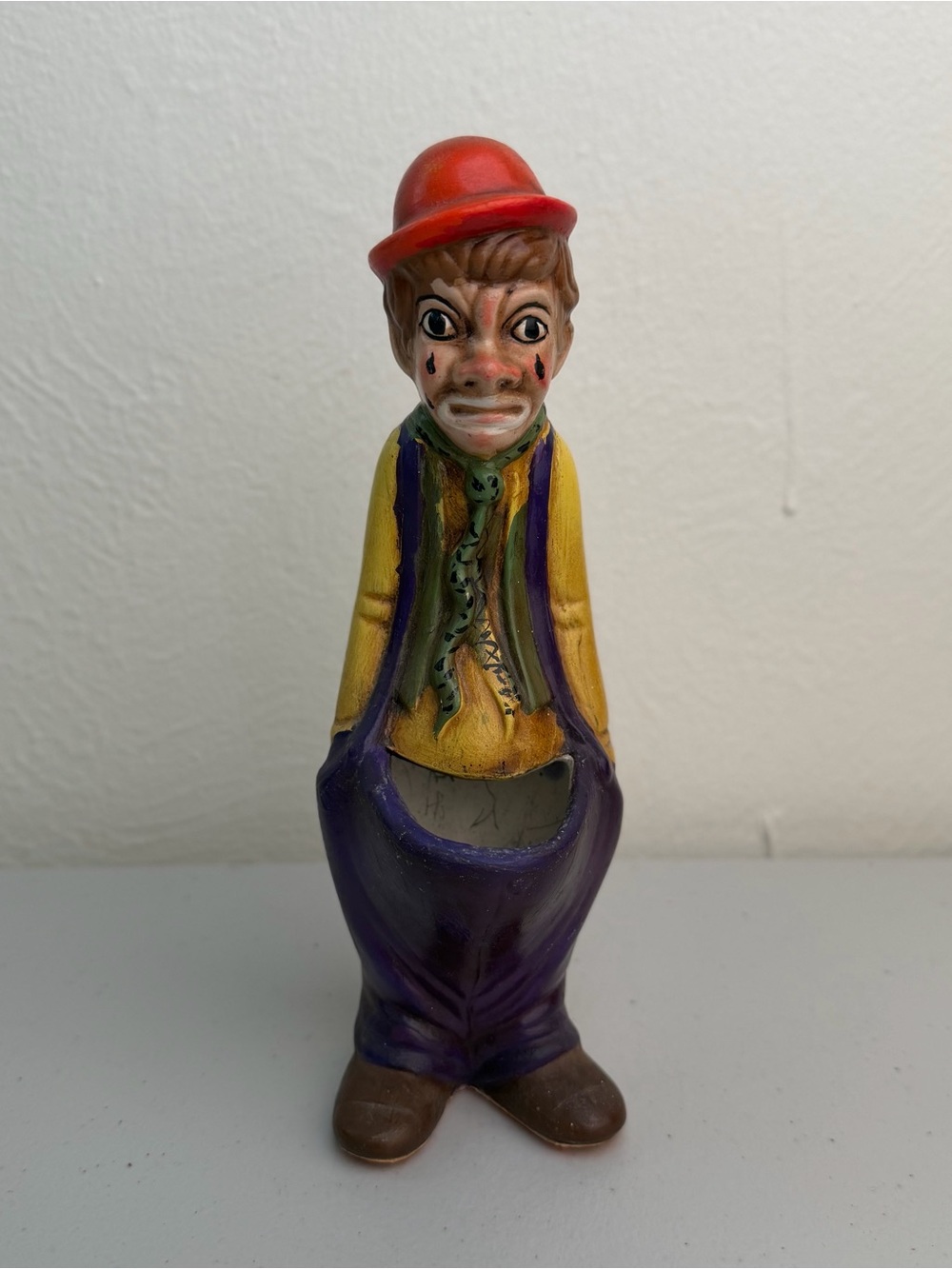 Vintage Sad Clown Figurine Planter Pocket 8” Hand Painted Ceramic Red Hat Gift